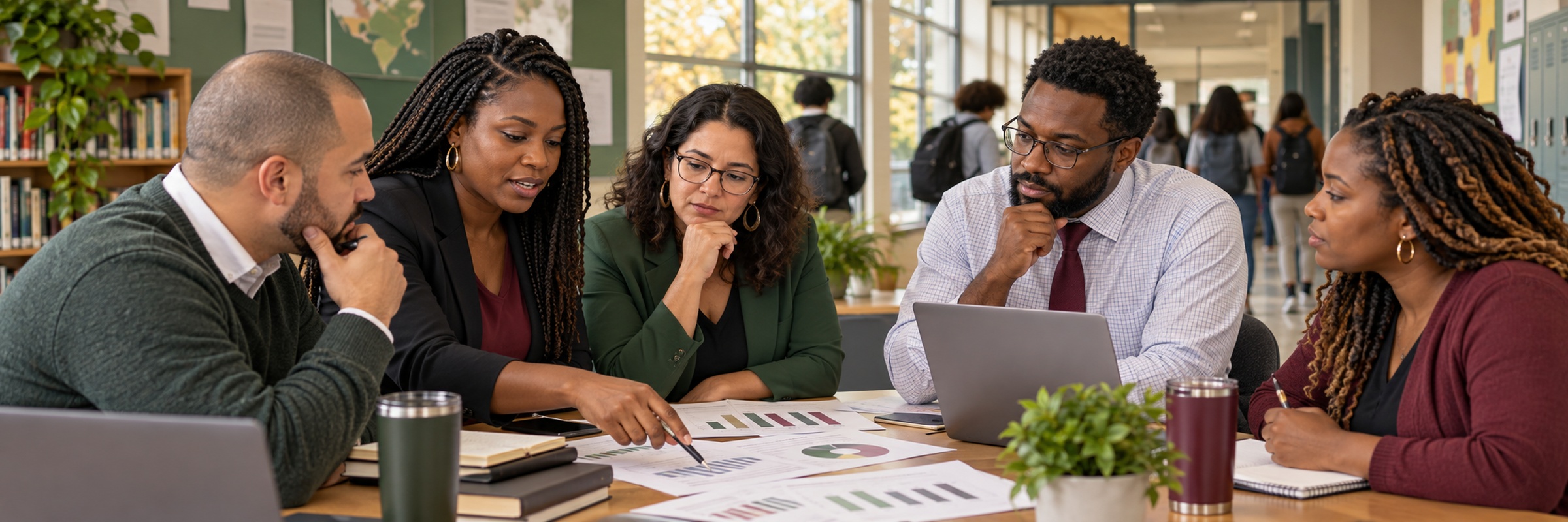 Education professionals reviewing evidence with the school environment visible beyond the analysis