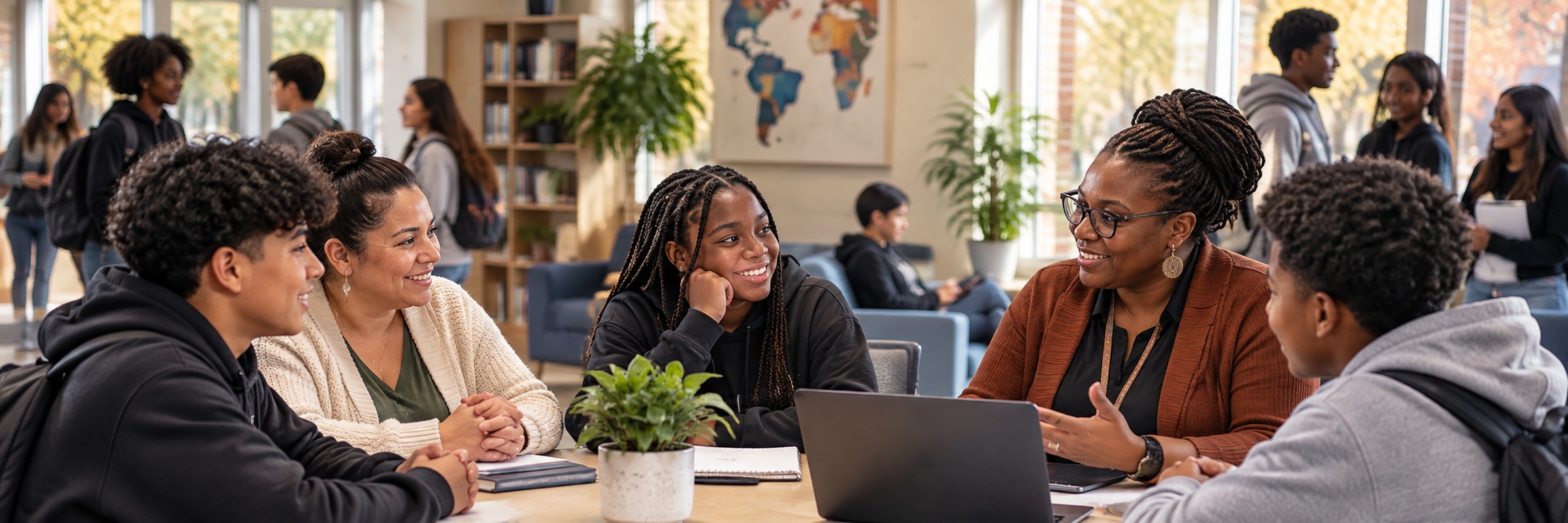 Students, families, educators, and student-support professionals in a school community setting